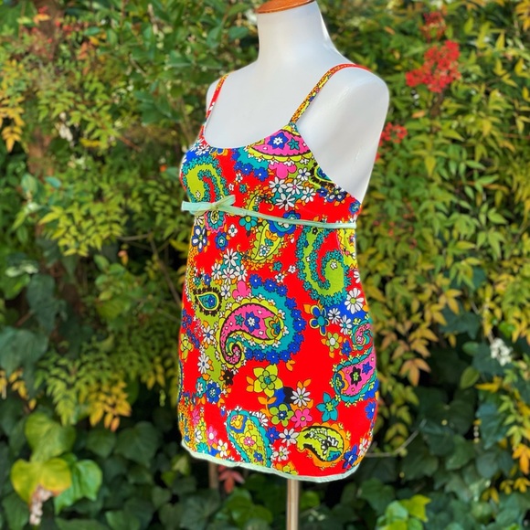 1970s Lemon Frog Bark Cloth Tankini Swim Set - Picture 2 of 11